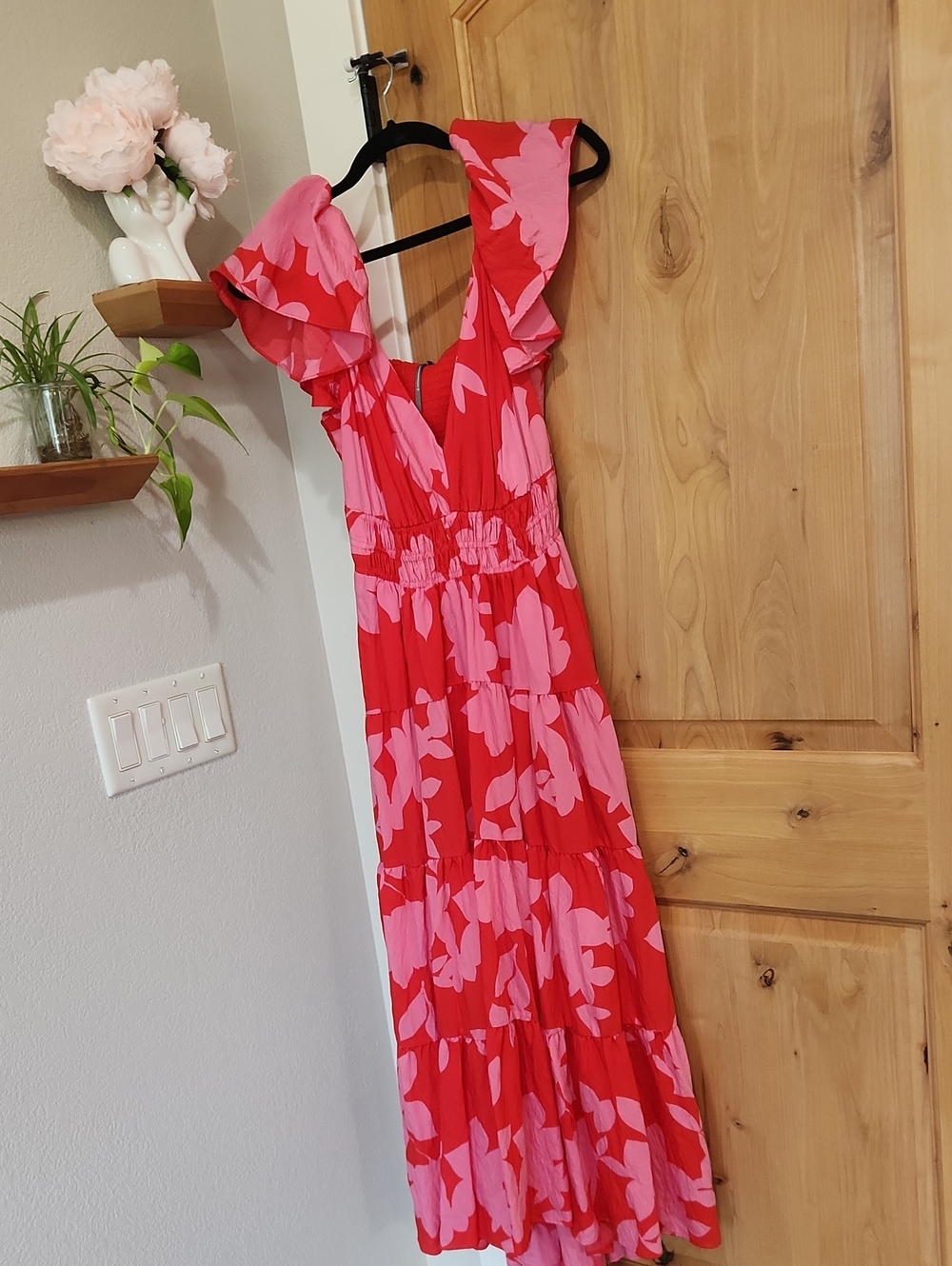 ANTHROPOLOGIE Pink and Red Floral Ruffle Maxi Dress - Women's Summer Maxi